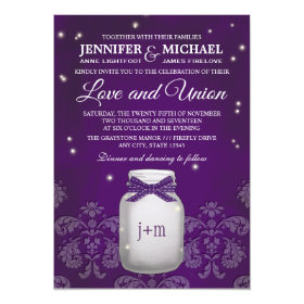 Purple Mason Jar with Fireflies Wedding 5x7 Paper Invitation Card