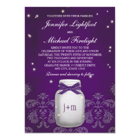 Purple Mason Jar with Fireflies Wedding 5x7 Paper Invitation Card