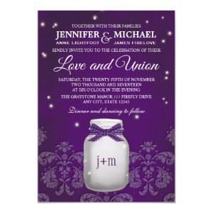 Purple Mason Jar with Fireflies Wedding Invite