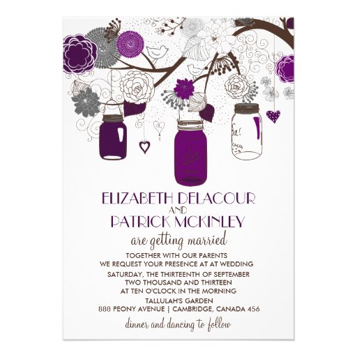 Purple Mason Jars and Flowers Wedding Invitation