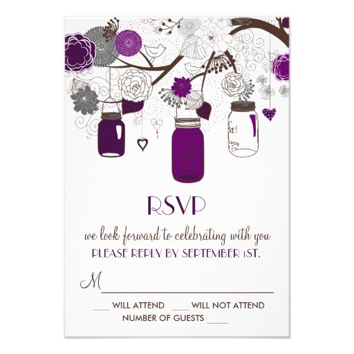 Purple Mason Jars and Flowers Wedding RSVP Card