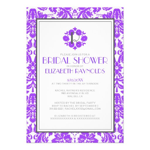 Purple Monogram Damask Bridal Shower Invitations