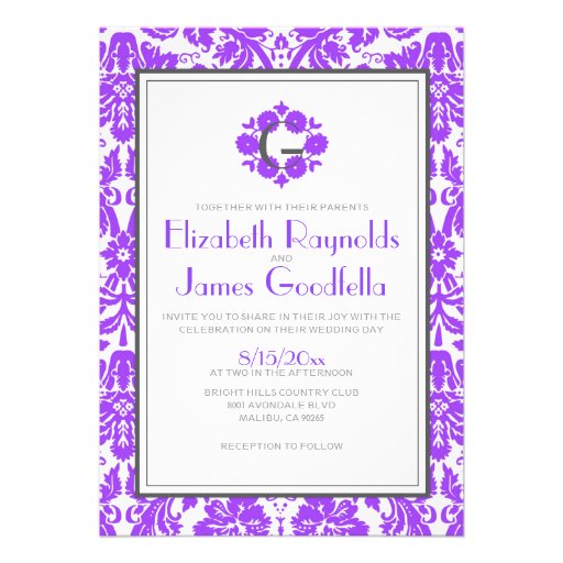 Purple Monogram Damask Wedding Invitations