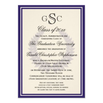 Purple Monogram Laurel Classic College Graduation 4.5x6.25 Paper Invitation Card by CustomInvites at Zazzle