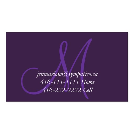 Purple Monogram Mommy Calling Card Business Card Template (back side)