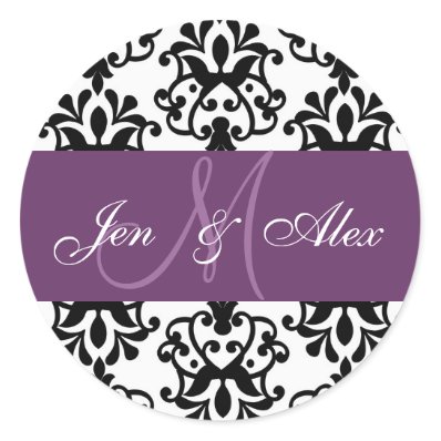 Purple Monogram Names Damask Wedding Seal Round Stickers
