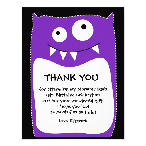 Purple Monster Bash Thank You Card (Flat) Custom Invitation