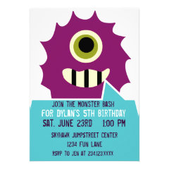 Purple Monster Birthday Party Invitations White
