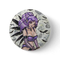 gothic, pinup, fairy, goth, elf, anime, purple, sexy, woman, girl, ponytail, moon, bat, emo, punk, dark, fantasy, zerick, sprite, delphine, levesque, demers, painting, art, magic, Button with custom graphic design