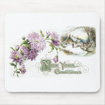Purple Mums Vintage New Year with Vignette Mouse Pads