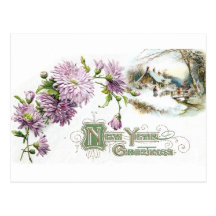 Purple Mums Vintage New Year with Vignette Post Card