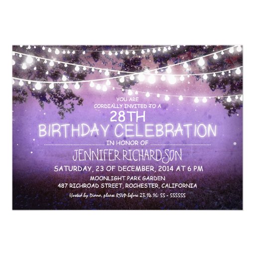 purple night & garden lights birthday invitations