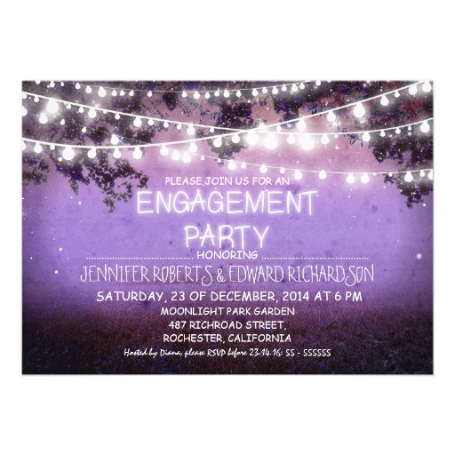 purple night & garden lights engagement party personalized announcement