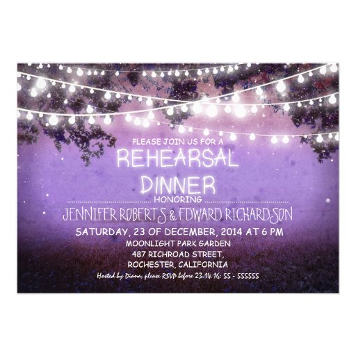 purple night & string lights rehearsal dinner personalized announcement