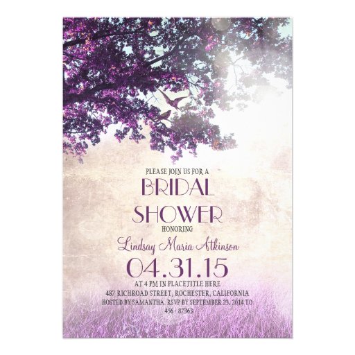 Purple old oak tree & love birds bridal shower personalized invites