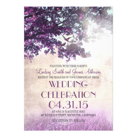 Purple old oak tree & love birds wedding invites announcements