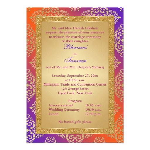 Purple, Orange, Gold FAUX Glitter Wedding Invite
