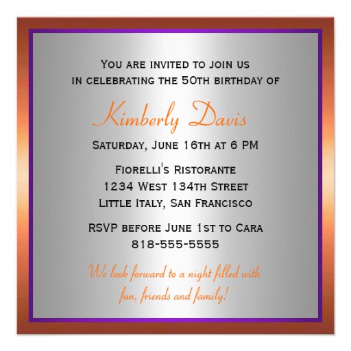 Purple + Orange + Silver - 50th Birthday Personalized Announcements