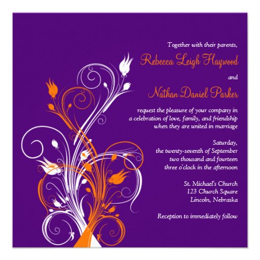 Purple Orange White Floral Sq. Wedding Invitation