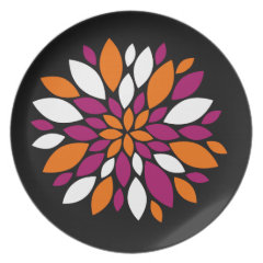 Purple Orange White Flower Petal Art on Black Plate