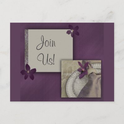 Purple orchid place setting with Join us in gray script font