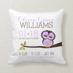Purple Owl Baby Birth Announcement Throw Pillow