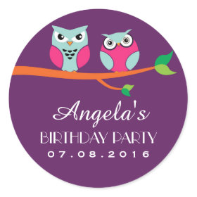 Purple Owl Cartoon Birthday Sticker for Kids Party