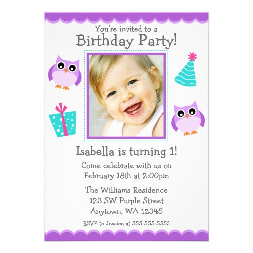 Purple Owl Party 1st Birthday Girl Photo Announcement