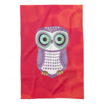 Purple Owl Red Background Kitchen Towel