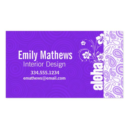 Purple Paisley; Aloha, Hibiscus Business Card Templates (front side)