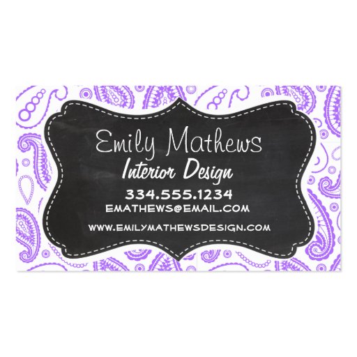 Purple Paisley Vintage Chalkboard look Business Cards (front side)