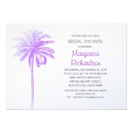 purple palm tree beach bridal shower invitations