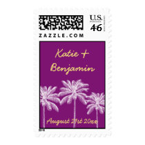 Purple palm tree summer wedding chic save the date stamps