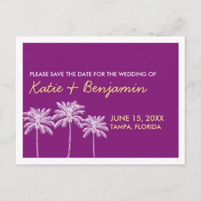 Purple palm tree summer wedding chic save the date post cards by FidesDesign