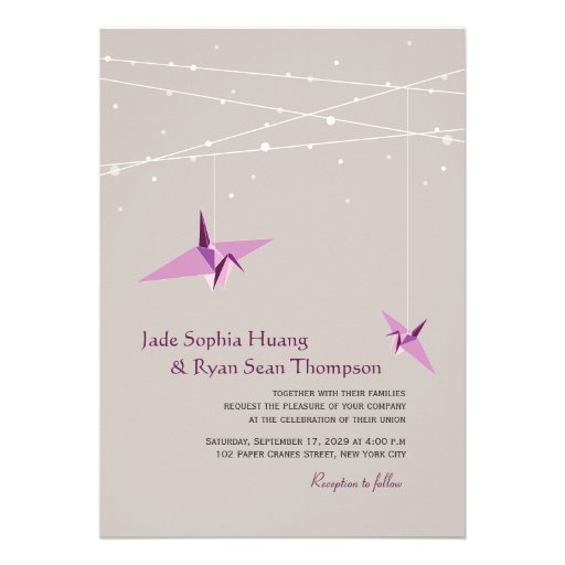 Purple Paper Cranes Fairy Lights Wedding 2in1 Custom Invite