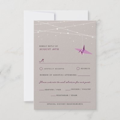 Purple Paper Cranes Fairy Lights Wedding RSVP Invite by fatfatin red knot