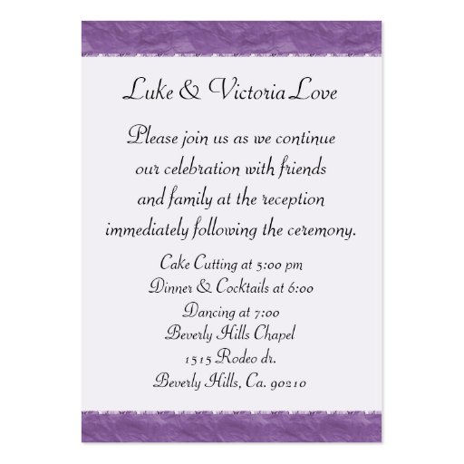 Purple Pastel & Diamond Swirls Bow Ribbon Wedding Business Card (back side)
