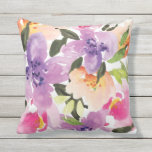 Purple Peach & Pink Boho Watercolor Flowers Outdoor Pillow