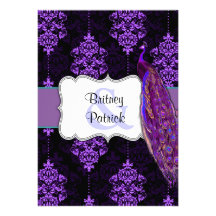Purple Peacock & Black Damask Wedding Invitations