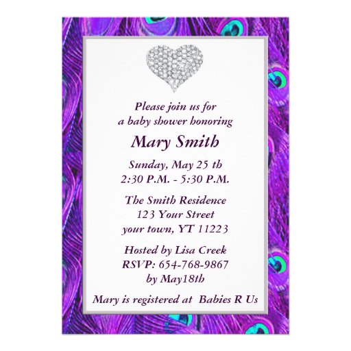 Purple Peacock Diamond Heart Baby Shower Invite