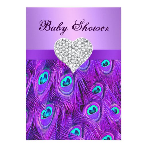 Purple Peacock Diamond Heart Baby Shower Invite