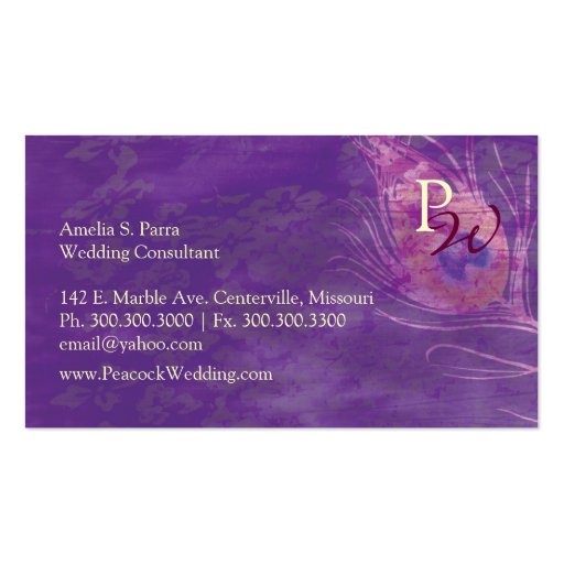 Purple Peacock Feathers Chic Wedding Business Card (back side)