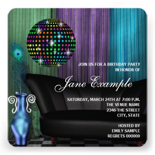 Purple Peacock Mirror Ball Disco Birthday Party Custom Invitation