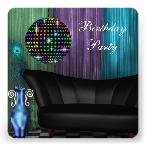 Purple Peacock Mirror Ball Disco Birthday Party Custom Invitation