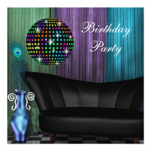 Purple Peacock Mirror Ball Disco Birthday Party Personalized Invitation (front side)