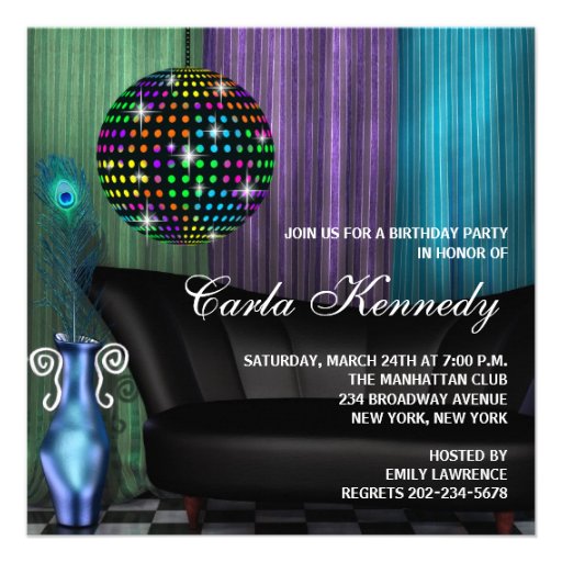 Purple Peacock Mirror Ball Disco Birthday Party Personalized Invitation