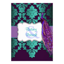 Purple Peacock & Teal Damask Wedding Invitations