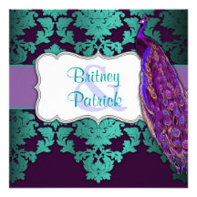 Purple Peacock & Teal Damask Wedding Invitations