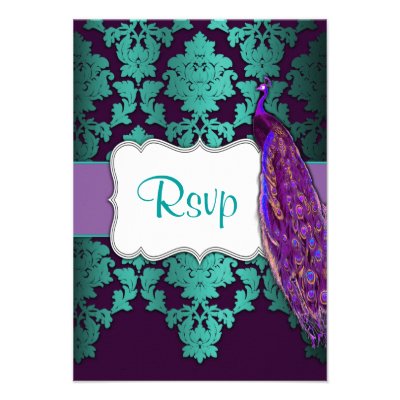 Purple Peacock & Teal Damask Wedding RSVP Cards Custom Invite