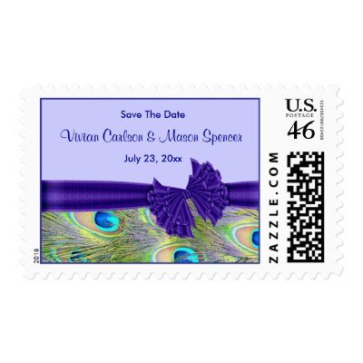 Purple Peacock Wedding Invitations Postage Stamps by decembermorning